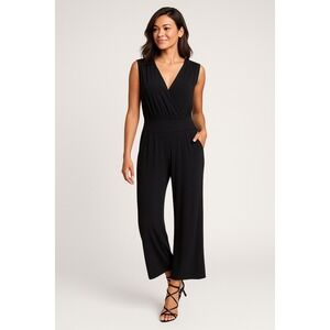 CAbi Women's Black Sleeveless Jumpsuit, Size M – Wide Leg, V-Neck, Smocked Waist
